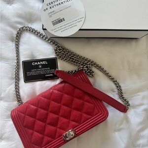 Chanel Bright Red Boy Quilted Crossbody Bag Wallet on Chain (WOC)